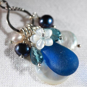 Royal Blue Sea Glass, Topaz and Freshwater Pearl Treasure Necklace