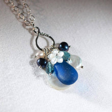 Load image into Gallery viewer, Royal Blue Sea Glass, Topaz and Freshwater Pearl Treasure Necklace