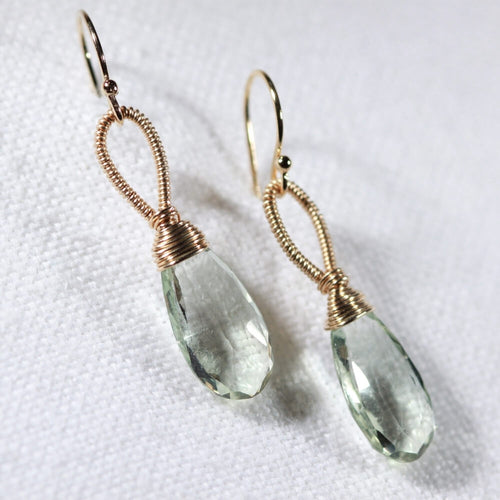 Green Amethyst Earrings hand wrapped in 14 kt Gold Filled