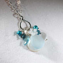 Load image into Gallery viewer, Soft Blue Sea Glass, Aquamarine and Freshwater Pearl Treasure Necklace