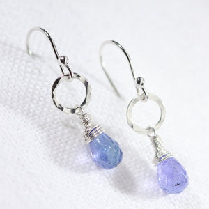 Tanzanite Briolette and hammered circle earrings in Sterling Silver