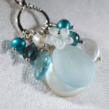 Load image into Gallery viewer, Soft Blue Sea Glass, Aquamarine and Freshwater Pearl Treasure Necklace