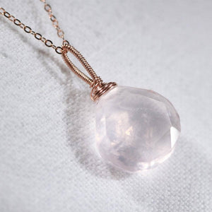 Rose Quartz Extra large pear cut pendant Necklace in 14kt rose gold filled