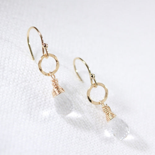 Quartz Crystal Briolette and hammered circle Earrings in 14 kt Gold Filled