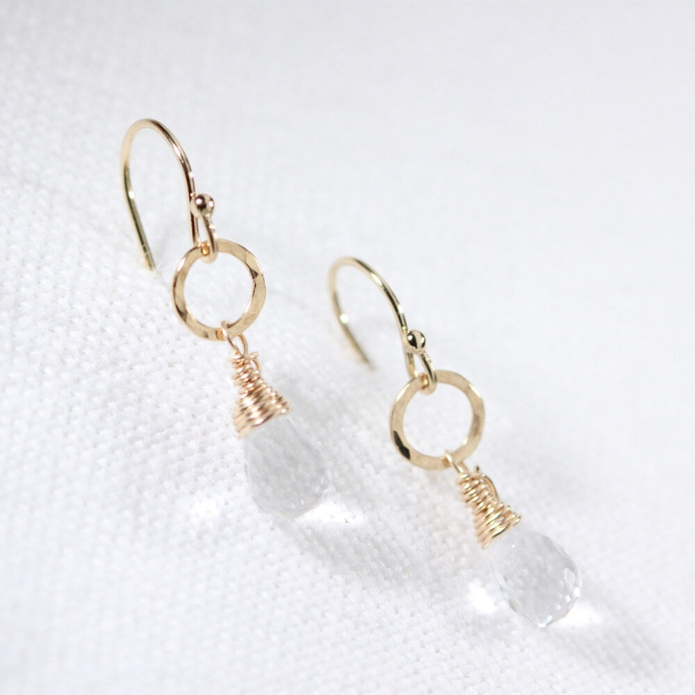 Quartz Crystal Briolette and hammered circle Earrings in 14 kt Gold Filled