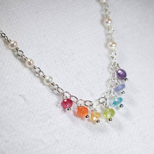 Rainbow gemstone and pearl charm necklace in Sterling Silver
