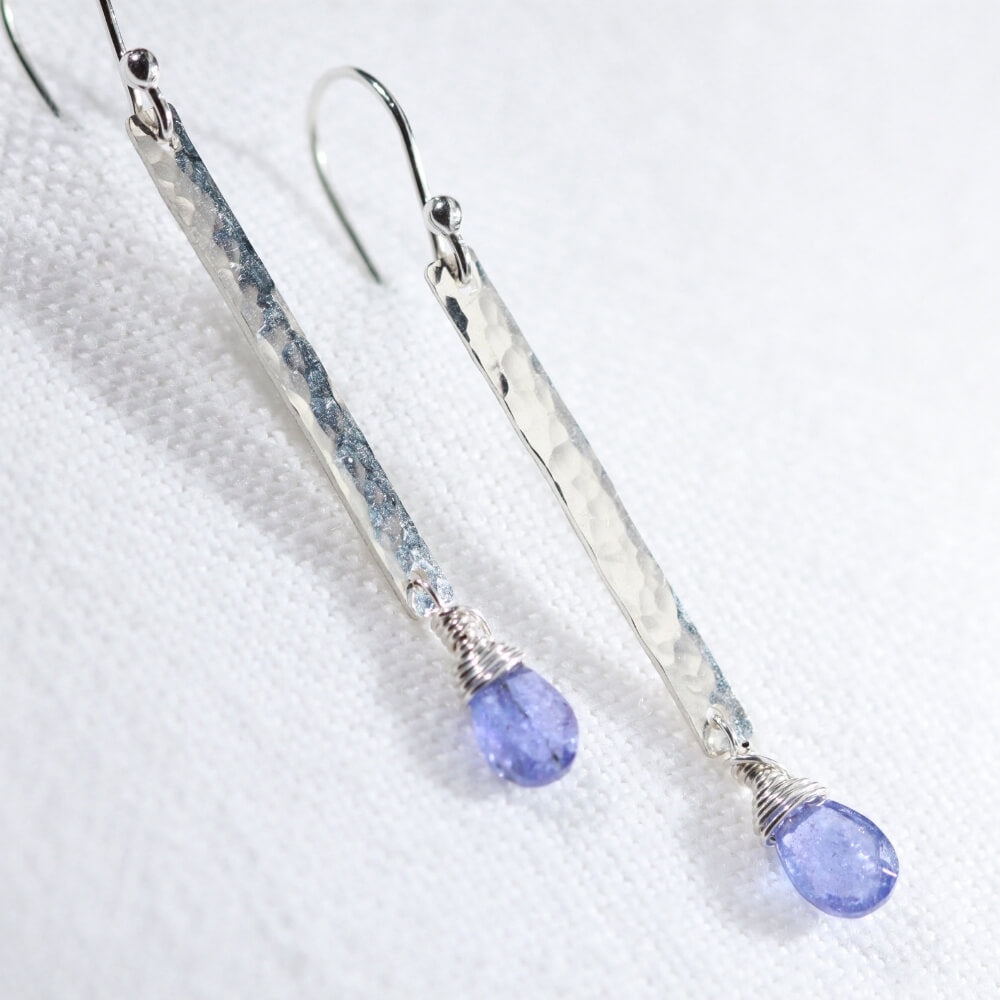 Tanzanite Briolette gemstone and Hammered Bar Earrings in Sterling Silver