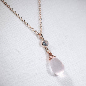 Rose Quartz Necklace with a CZ charm in 14kt rose gold filled