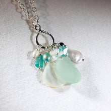 Load image into Gallery viewer, Sea Foam Green Sea Glass, Apatite and Freshwater Pearl Treasure Necklace.