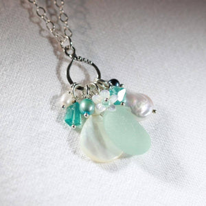 Sea Foam Green Sea Glass, Apatite and Freshwater Pearl Treasure Necklace.