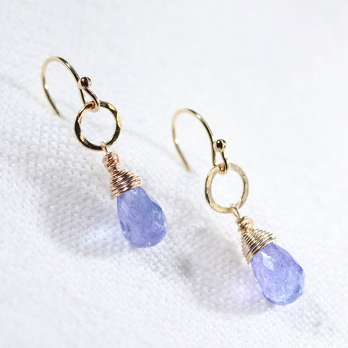 Tanzanite Briolette gemstone and hammered circle Earrings in 14 kt Gold Filled
