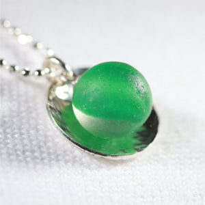 Beachball Cat's Eye Peewee green Marble Necklace in Sterling Silver