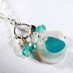 Teal Multi Sea Glass, Apatite and Freshwater Pearl Treasure Necklace in Sterling Silver