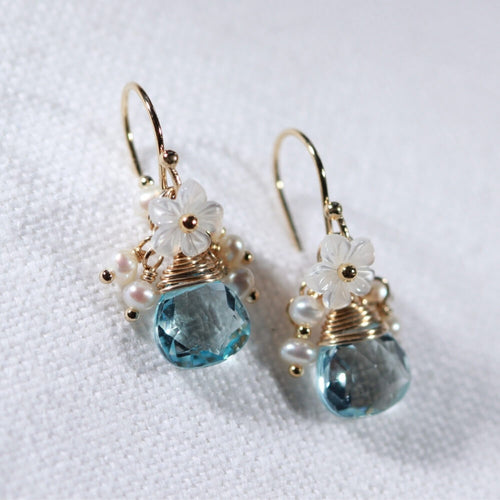 Swiss Blue Topaz gemstone Earrings with pearl clusters in 14 kt Gold Filled