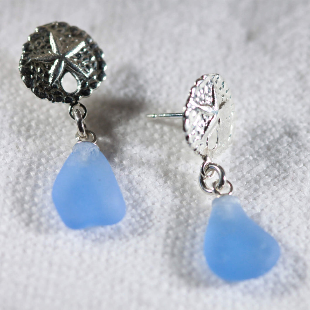 Sea Glass and Silver Sand Dollar Post Earrings (Choose Color)