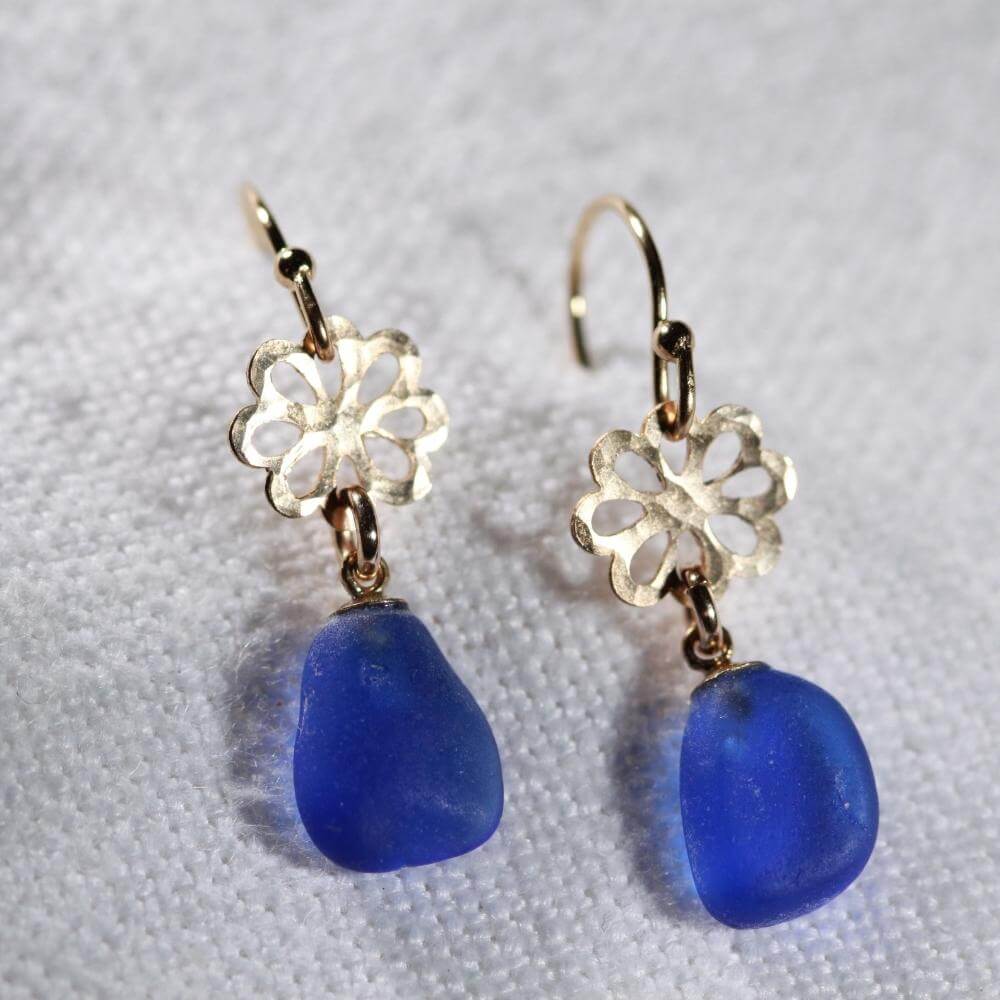 Cobalt Blue Sea Glass Earrings on hammered 14 kt gold-filled flower