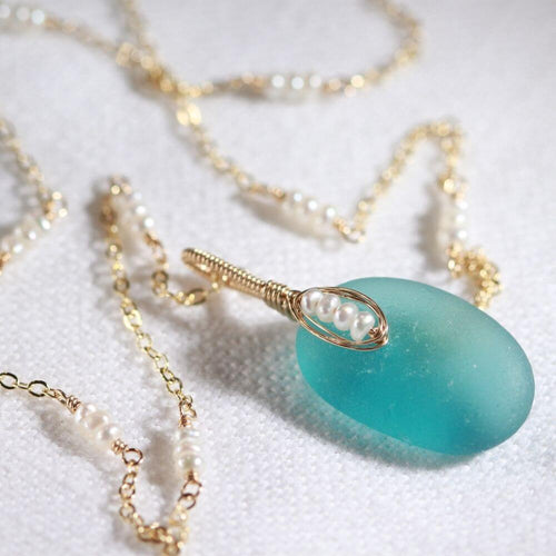 Turquoise/Aqua sea glass and freshwater pearls in 14kt GF
