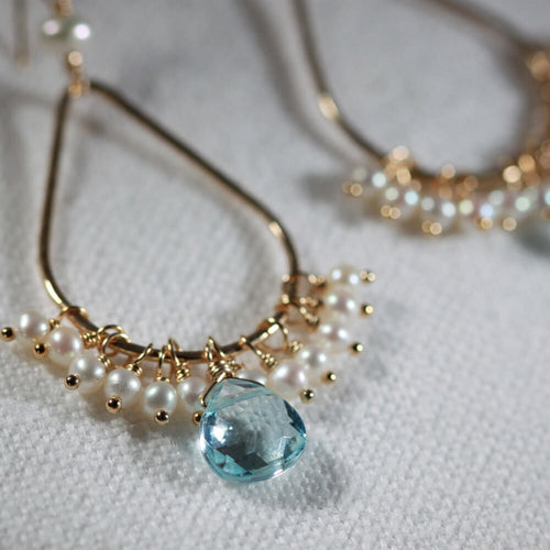 Swiss Blue Topaz and Pearl Chandelier Earrings in 14 kt Gold Filled
