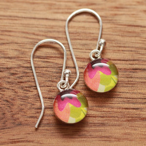 Springtime tiny flower petal earrings made from recycled Starbucks gift cards, sterling silver and resin