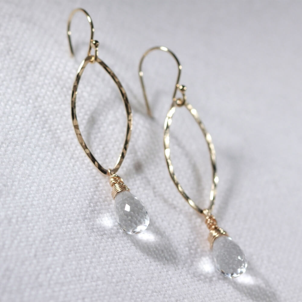 Quartz Crystal Briolette Gemstone Hammered marquise Hoop Earrings in 14 kt Gold Filled