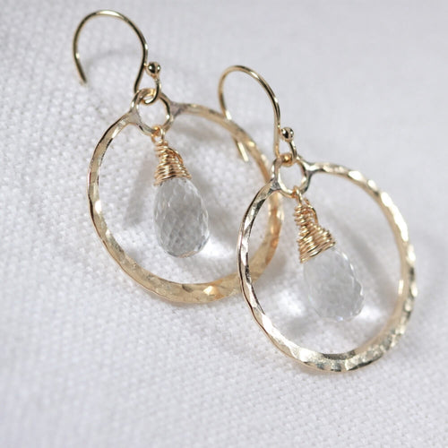 Quartz Crystal and Hammered Hoop Earrings in 14 kt Gold Filled