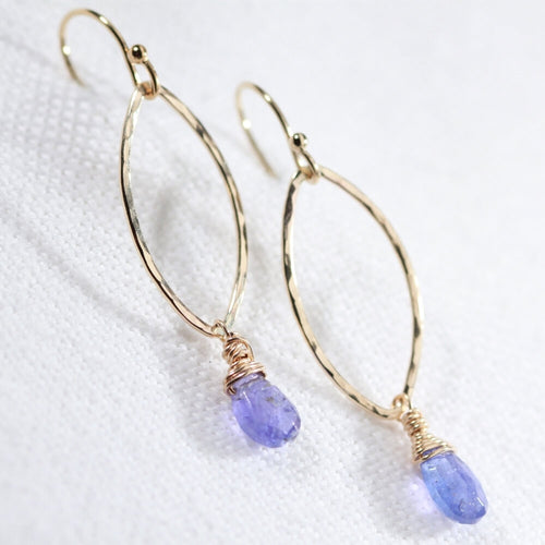 Tanzanite briolette gemstone and Hammered marquise Hoop Earrings in 14 kt Gold Filled