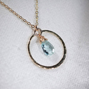 Swiss Blue Topaz Necklace with Hammered hoop in 14kt gold filled