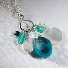 Load image into Gallery viewer, Teal Multi Sea Glass, Apatite, and pearl Treasure Necklace