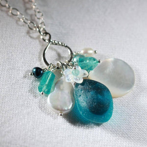 Teal Multi Sea Glass, Apatite, and pearl Treasure Necklace
