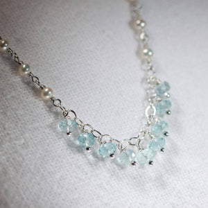 Aquamarine and pearl charm necklace in sterling silver