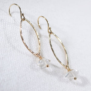 Herkimer Diamond Hammered marquise Hoop Earrings in 14 kt Gold Filled