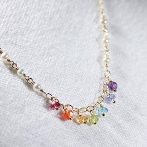 Rainbow gemstone and pearl charm necklace in 14kt gold filled