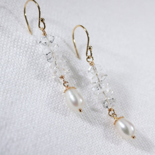 Herkimer Diamond and pearl Earrings in 14 kt Gold Filled