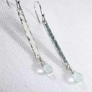 Aquamarine briolette gemstone and Hammered Bar Earrings in Sterling Silver