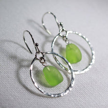 Load image into Gallery viewer, Hammered Circle Sea Glass Earrings in Silver (Choose Color)