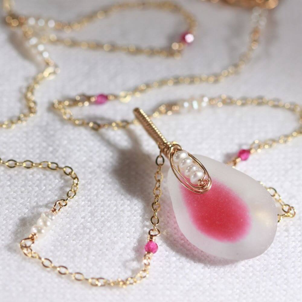 Bright Pink English Multi sea glass, Ruby and freshwater pearls in 14kt GF