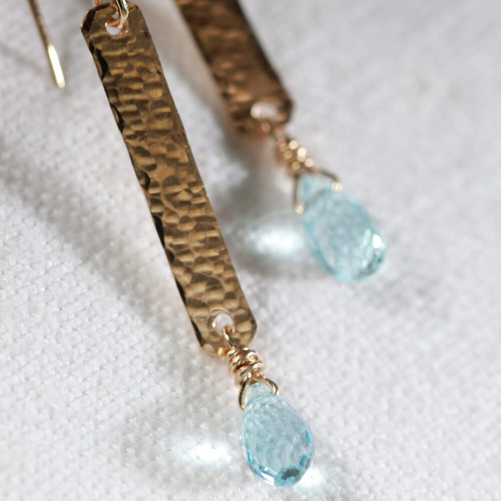 Swiss Blue Topaz and Hammered Bar Earrings in 14 kt Gold Filled