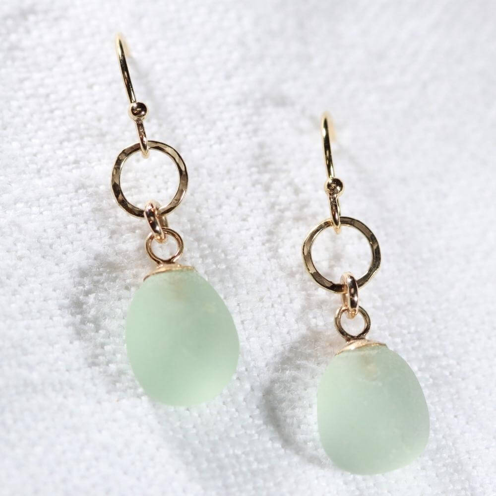 Sea foam green Sea Glass Earrings in hammered 14 kt gold-filled circle