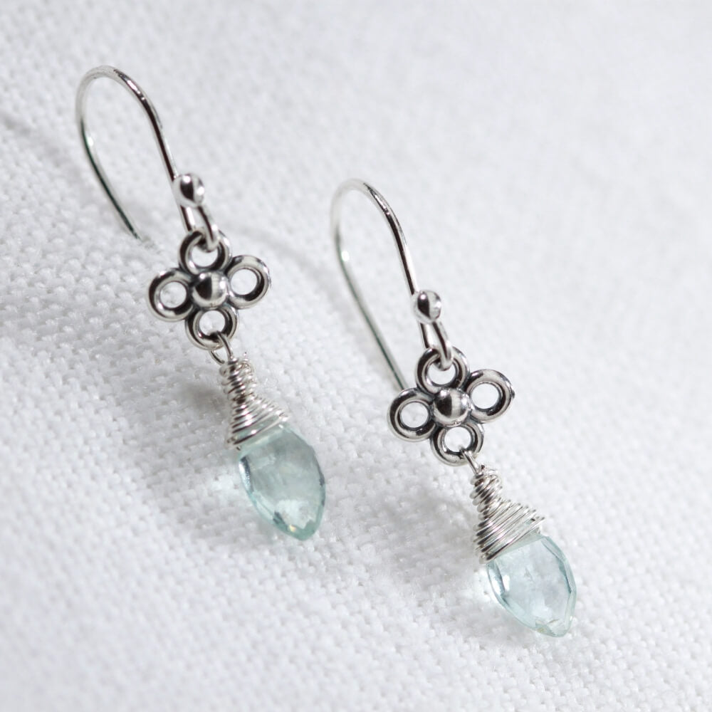 Aquamarine marquise gemstone and flower charm sterling silver drop Earrings