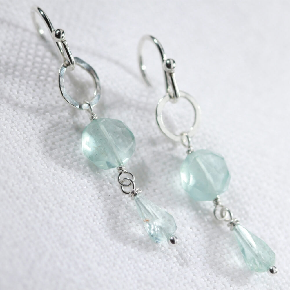 Aquamarine faceted gemstone and hammered circle Earrings in sterling silver