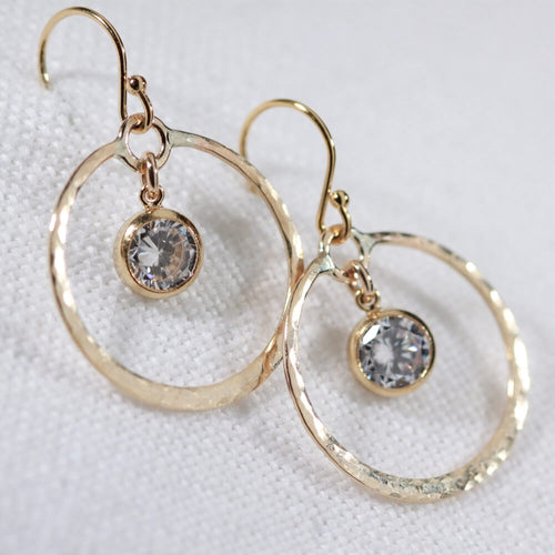 Cubic Zirconia Diamond and Hammered Hoop Earrings in 14 kt Gold Filled
