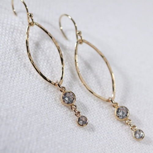 Cubic Zirconia Diamond and Hammered marquise Hoop Earrings in 14 kt Gold Filled