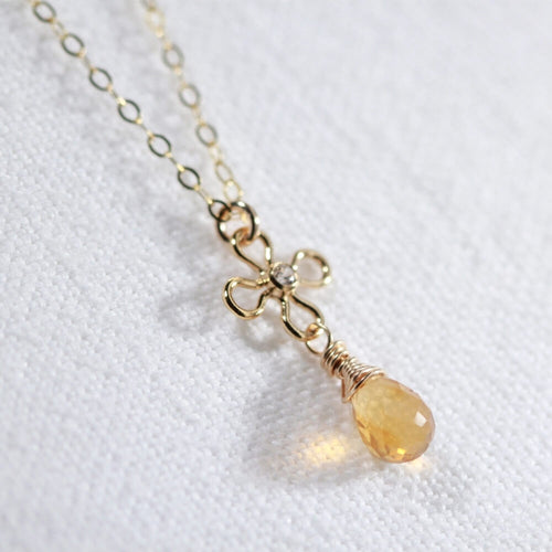 Citrine Briolette and flower with CZ Necklace in 14 kt Gold-Filled