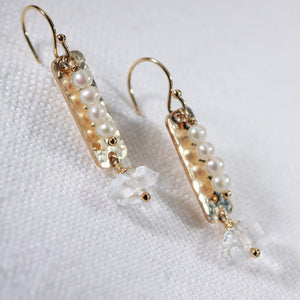 Herkimer Diamond, Pearl and Hammered Bar Earrings in 14 kt Gold Filled