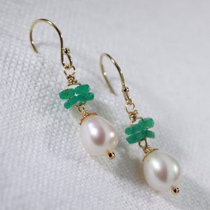 Emerald Gemstone and Pearl Dangle Earrings in 14kt gold filled