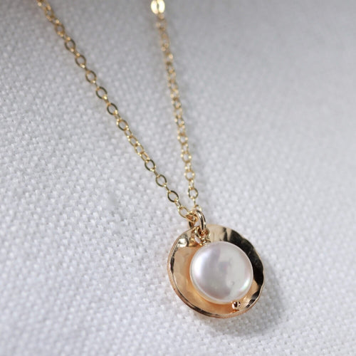 Freshwater Coin Pearl Necklace with Hammered disc in 14kt gold filled