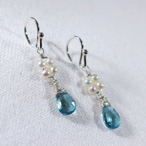 London Blue Topaz and Pearl Dangle Earrings in sterling silver