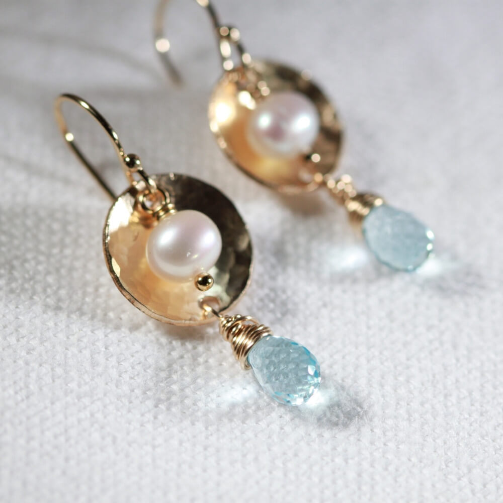 Swiss Blue Topaz , Pearl and Hammered Disc Earrings in 14 kt Gold Filled