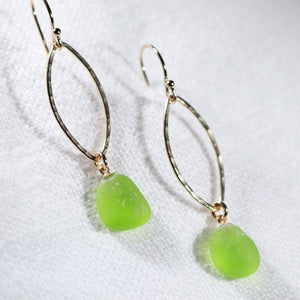 Lime green Sea Glass Earrings in hammered 14 kt gold-filled marquee hoop