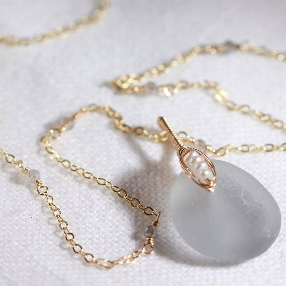 Gray sea glass, pearls and sparkly Labradorite in 14kt GF